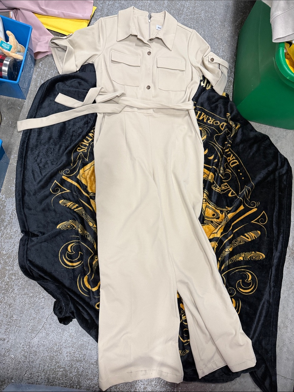 Shelby & Palmer Beige Utility Jumpsuit with Self-Tie Waist